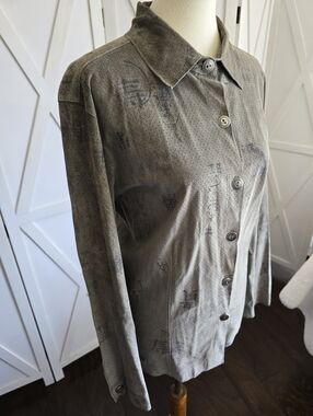 Chico’s Vintage Long-Sleeve Asian Calligraphy Print Suede Leather Shirt-Jacket